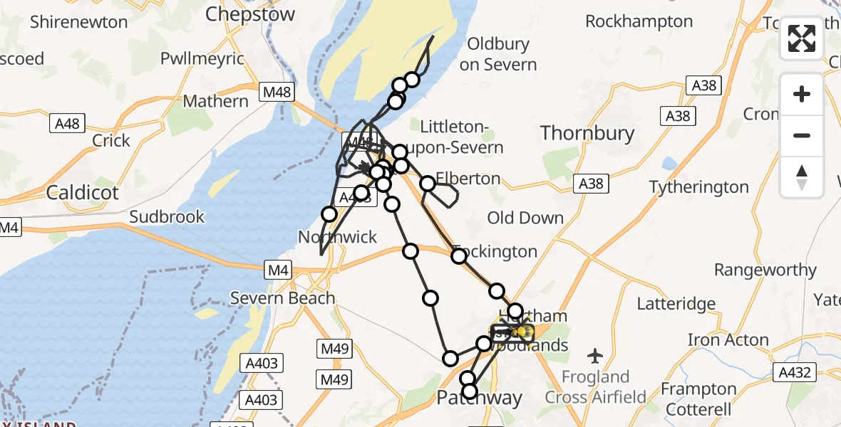 Flight path map showing Police Helicopter route from Almondsbury Helicopter Base to Almondsbury Helicopter Base