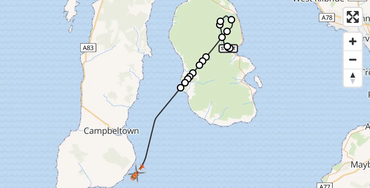Flight path map showing Coastguard Helicopter route from Brodick to Inner Seas