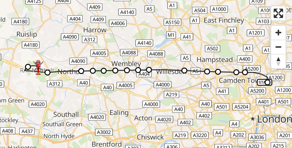 Flight path map showing Air Ambulance Helicopter route from Barnsbury to RAF Northolt