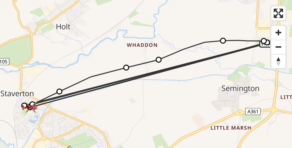 Flight path map showing Air Ambulance Helicopter route from Wiltshire Air Ambulance to Staverton