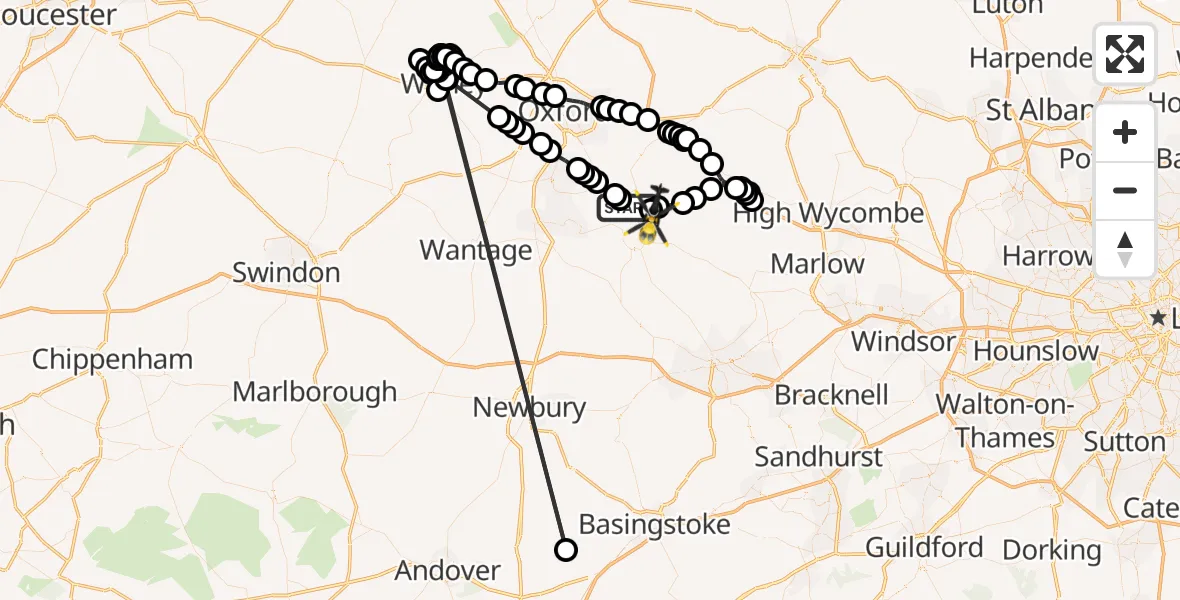 Flight path map showing Police Helicopter route from Warborough to Benson