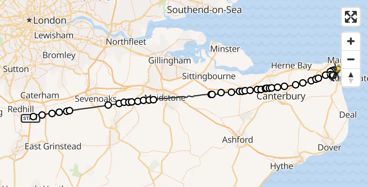 Flight path map showing Police Helicopter route from South Nutfield to Birchington