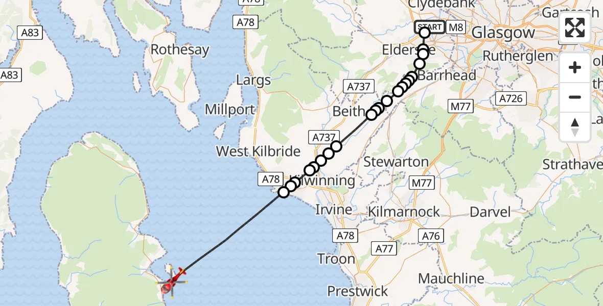 Flight path map showing Air Ambulance Helicopter route from Glasgow Airport to Inner Seas