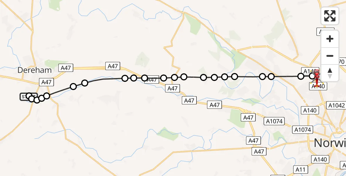 Flight path map showing Air Ambulance Helicopter route from Dereham to Norwich Airport
