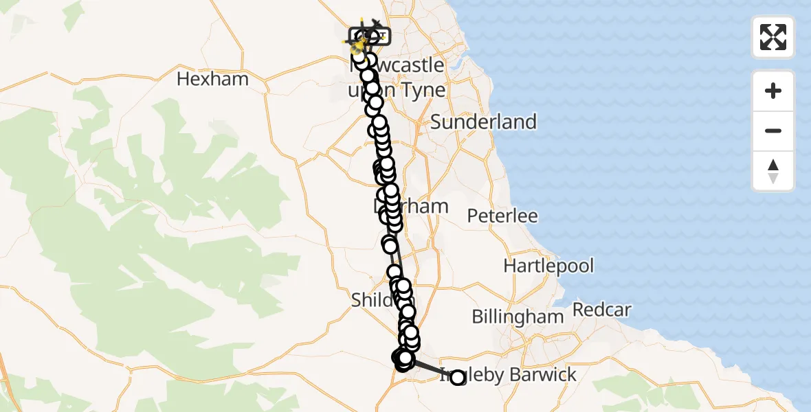 Flight path map showing Police Helicopter route from Newcastle International Airport to Newcastle International Airport