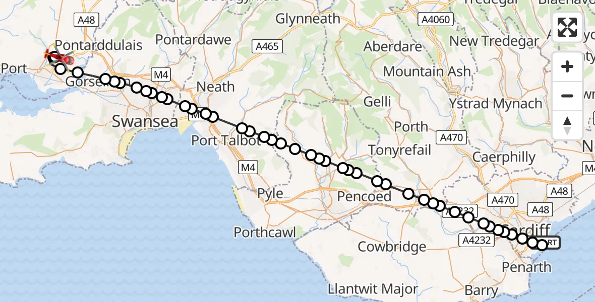 Flight path map showing Air Ambulance Helicopter route from Cardiff Heliport to Dafen
