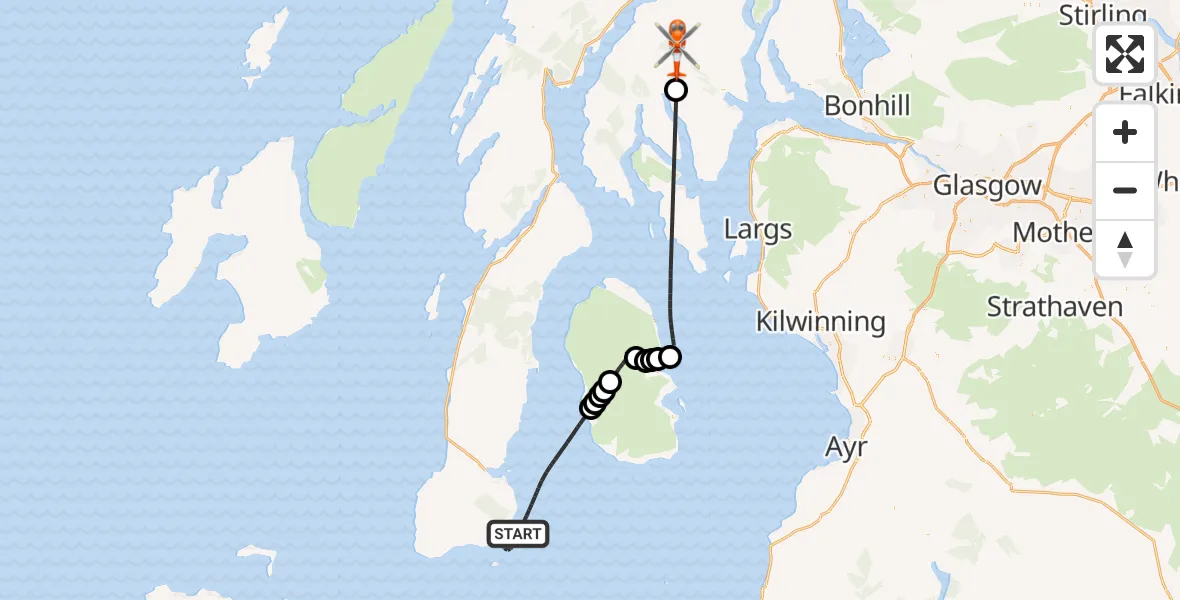 Flight path map showing Coastguard Helicopter route from Inner Seas to Argyll and Bute