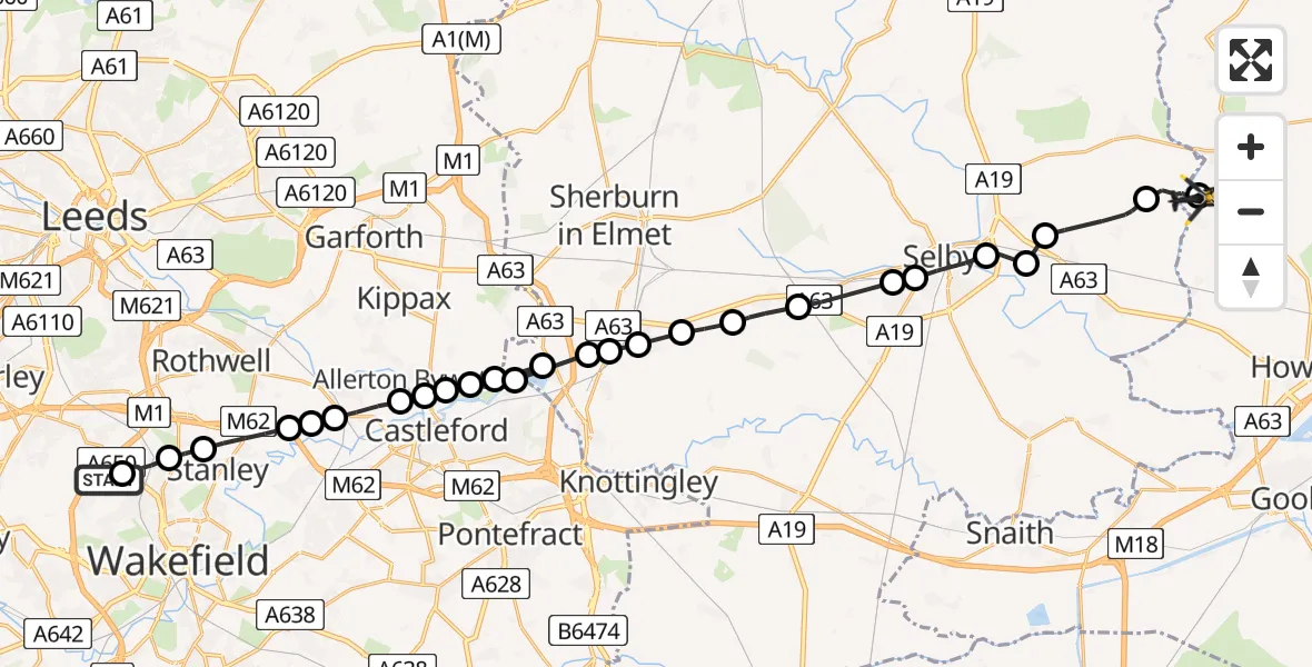 Flight path map showing Police Helicopter route from East Ardsley to Breighton Airfield