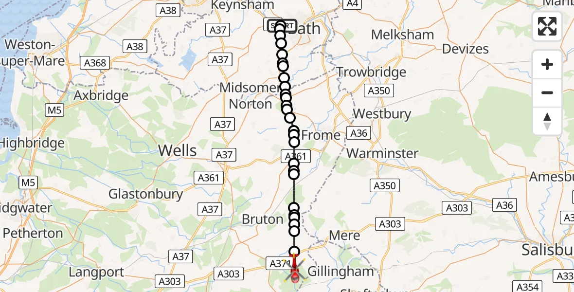 Flight path map showing Air Ambulance Helicopter route from Newton St. Loe to Stoke Trister