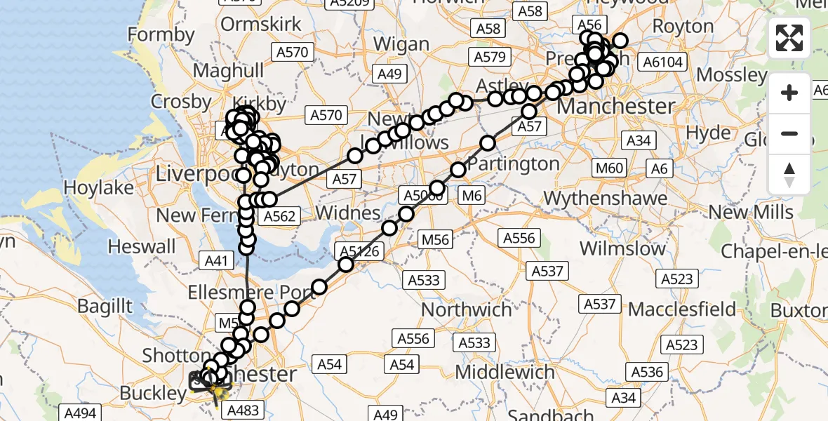 Flight route Police Helicopter Hawarden Airport - Hawarden Airport, 07 April 2026, 19:51