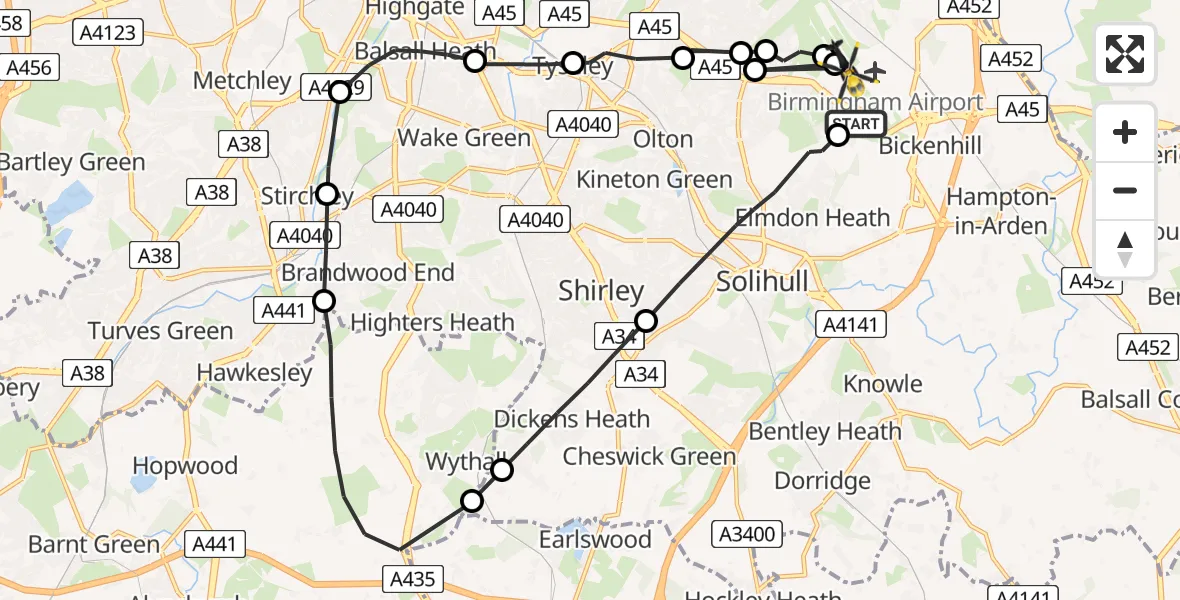 Flight path map showing Police Helicopter route from Birmingham Airport to Birmingham Airport