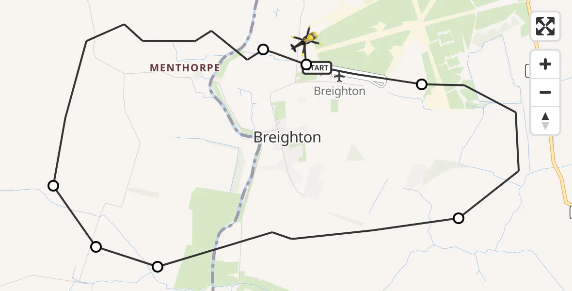 Flight path map showing Police Helicopter route from Breighton Airfield to Breighton