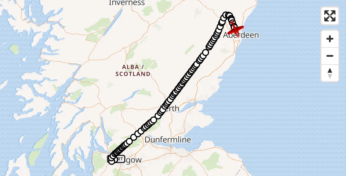 Flight path map showing Air Ambulance Aircraft route from Glasgow Airport to Aberdeen International Airport