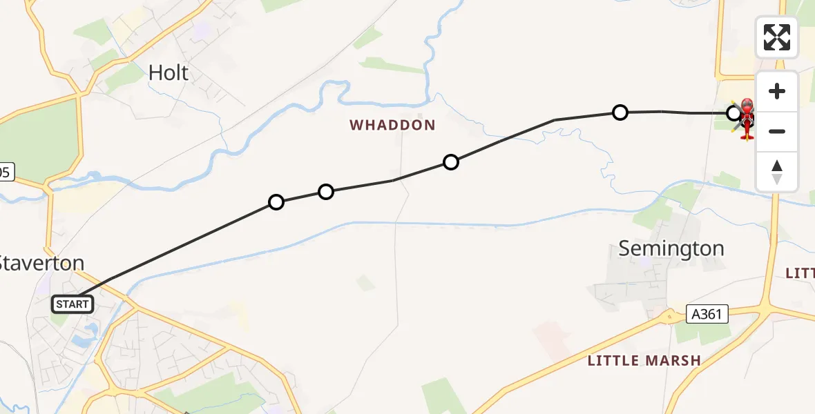 Flight path map showing Air Ambulance Helicopter route from Staverton to Wiltshire Air Ambulance