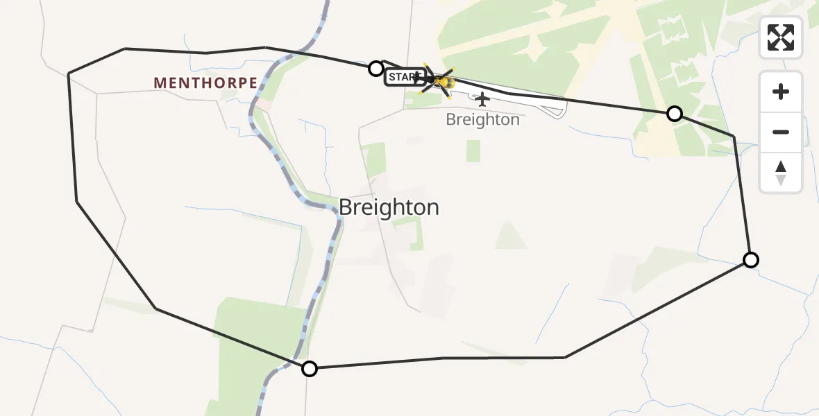 Flight path map showing Police Helicopter route from Breighton Airfield to Breighton Airfield