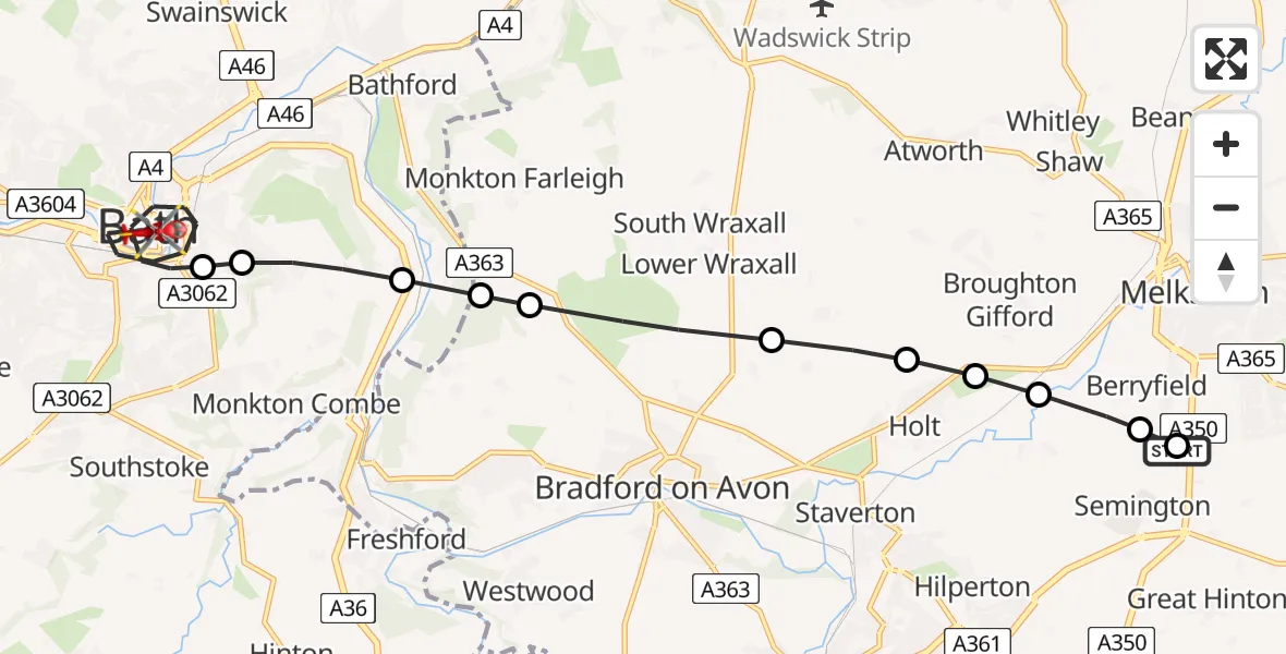 Flight path map showing Air Ambulance Helicopter route from Wiltshire Air Ambulance to Bath