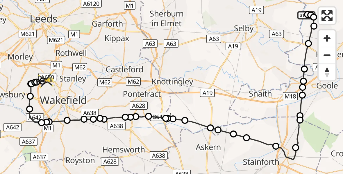 Flight path map showing Police Helicopter route from Breighton Airfield to East Ardsley