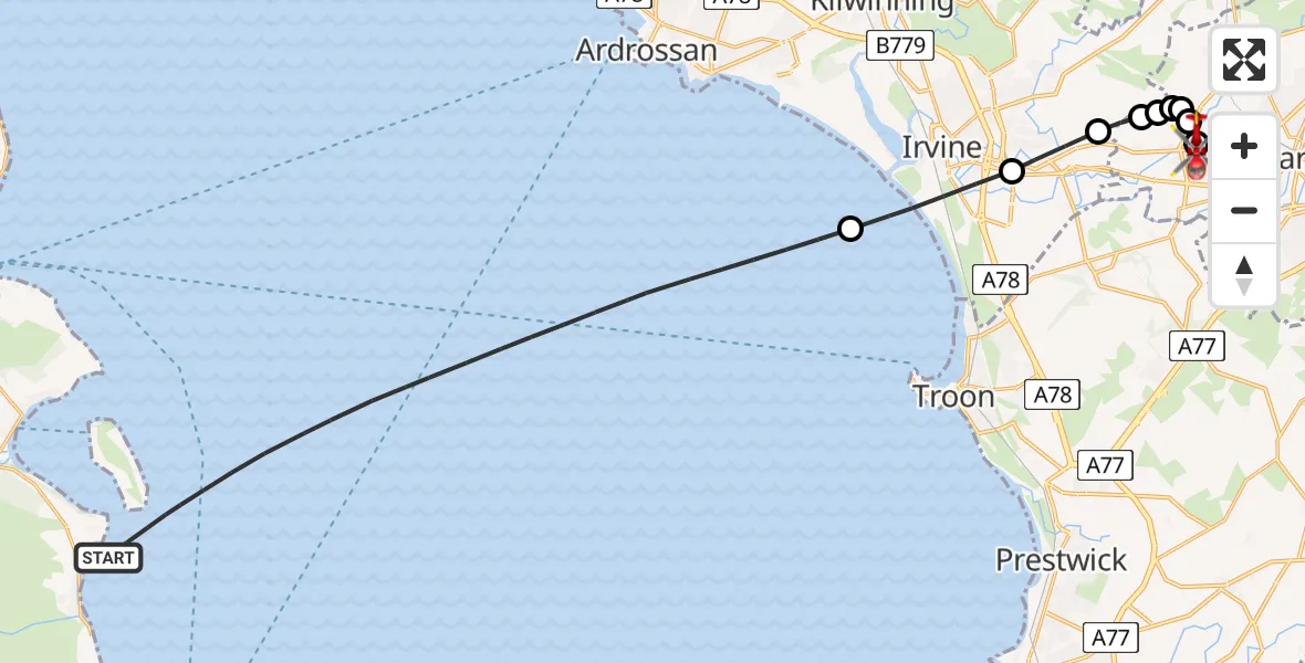 Flight path map showing Air Ambulance Helicopter route from Inner Seas to Crosshouse