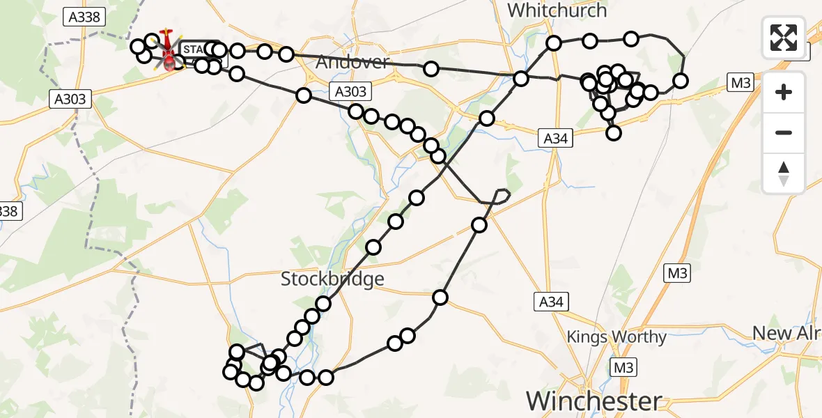 Flight path map showing Air Ambulance Helicopter route from Thruxton Aerodrome to Thruxton Aerodrome