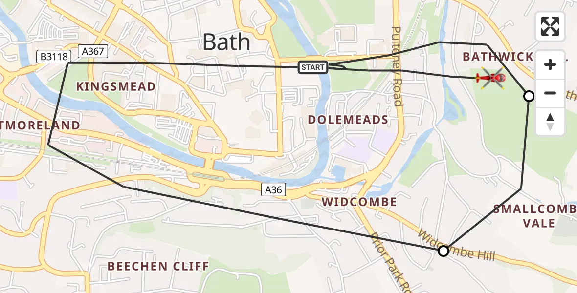 Flight path map showing Air Ambulance Helicopter route from Bath to Bath