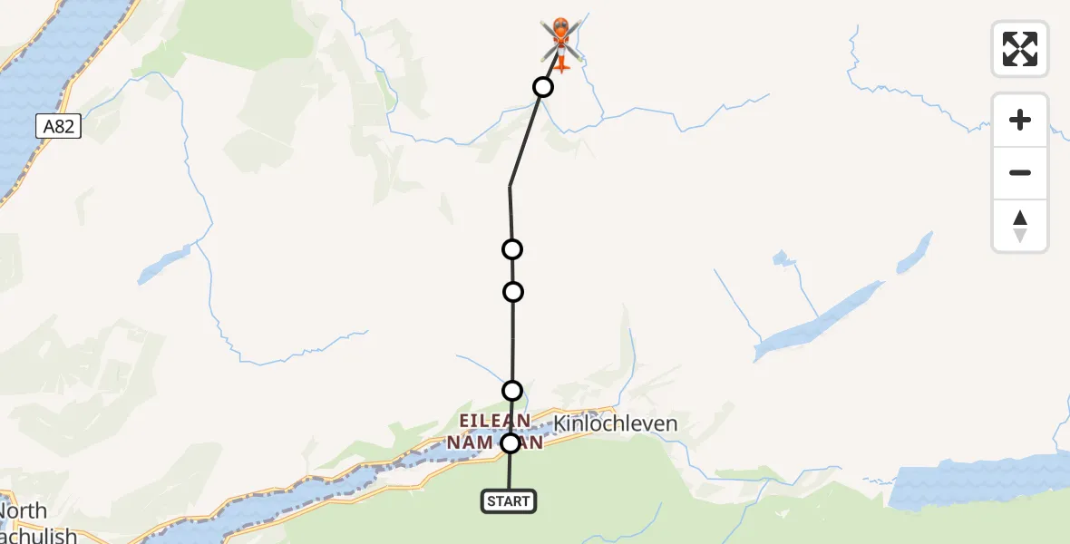 Flight path map showing Coastguard Helicopter route from Stob Coire Sgoilte to Bealach Cumhann