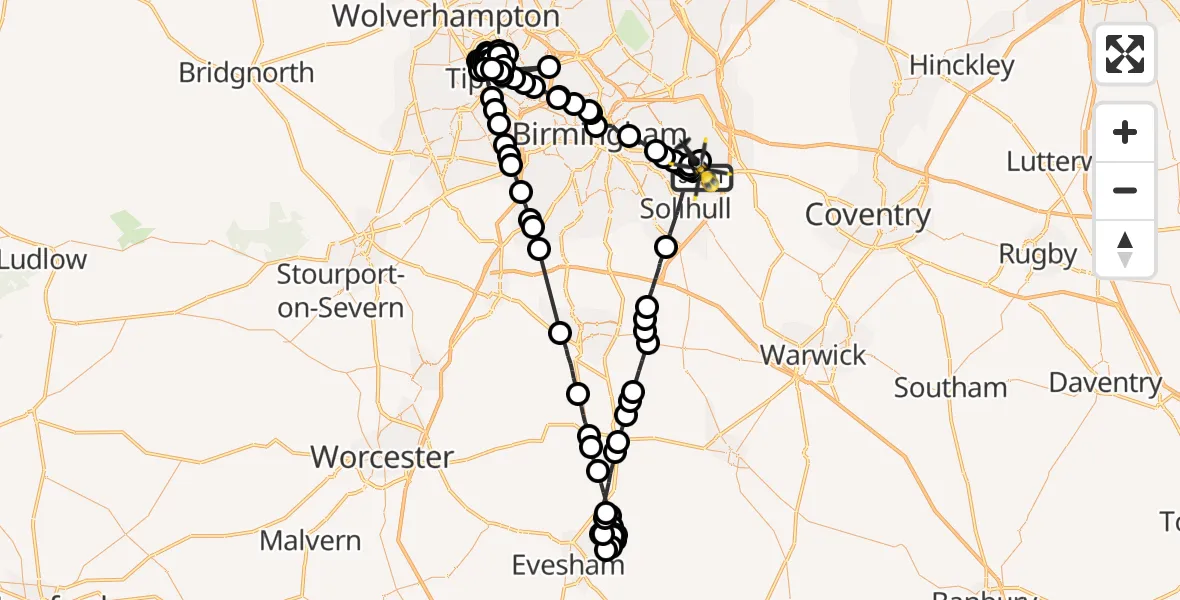 Flight path map showing Police Helicopter route from Solihull to Birmingham Airport