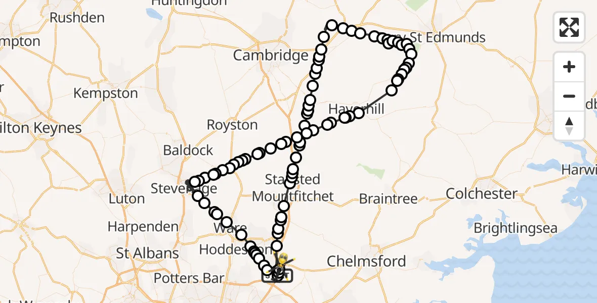 Flight path map showing Police Helicopter route from Coopersale to North Weald Airfield