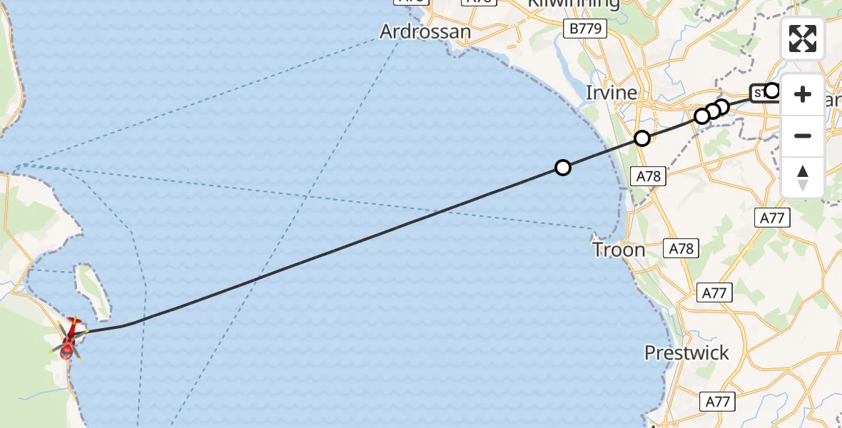 Flight path map showing Air Ambulance Helicopter route from Crosshouse University Hospital to Inner Seas