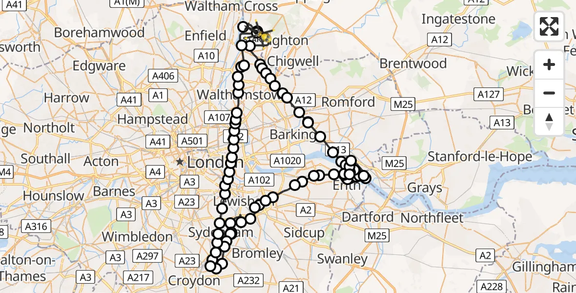 Flight path map showing Police Helicopter route from Sewardstonebury to Metropolitan Police Air Support Unit Lippitts Hill