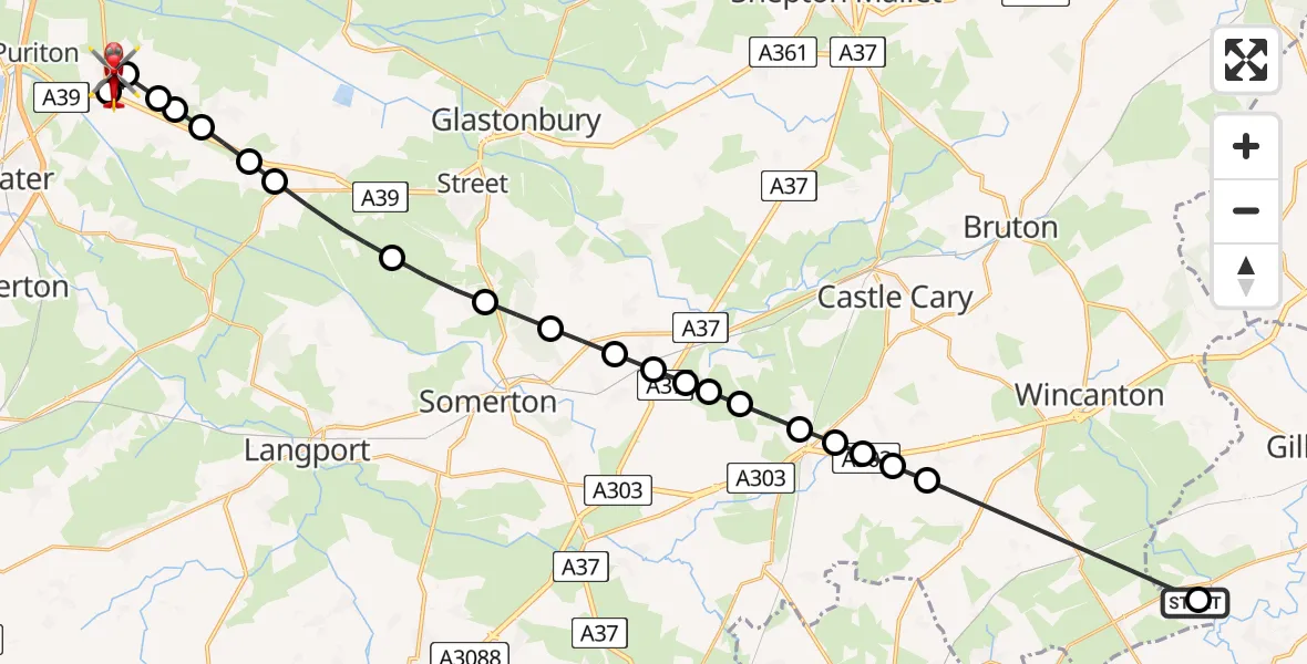 Flight path map showing Air Ambulance Helicopter route from Henstridge Airfield to Cossington