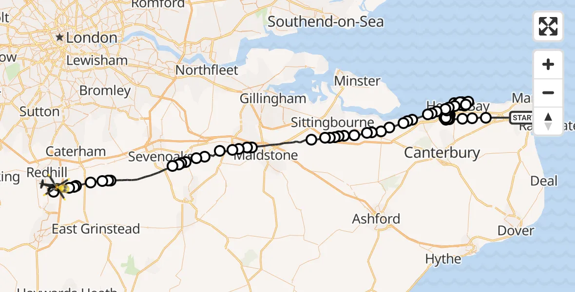 Flight path map showing Police Helicopter route from Manston Airport to Redhill Aerodrome