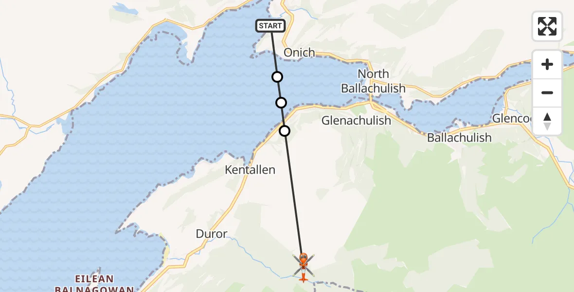 Flight path map showing Coastguard Helicopter route from Inner Seas to Coire Dearg