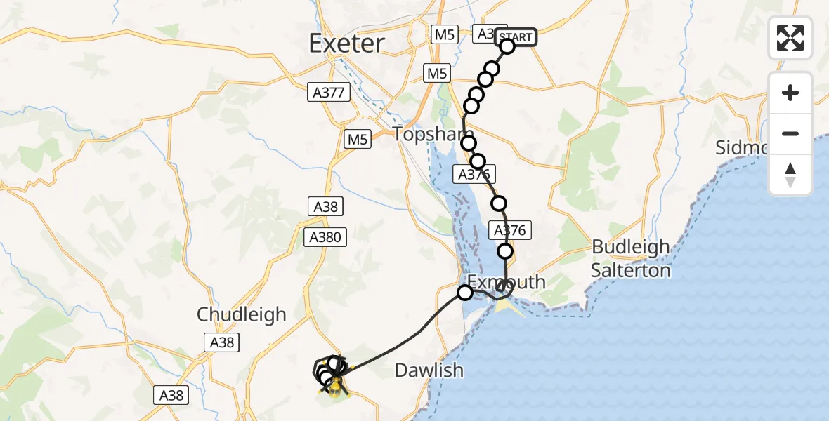 Flight path map showing Police Helicopter route from Exeter International Airport to Dawlish