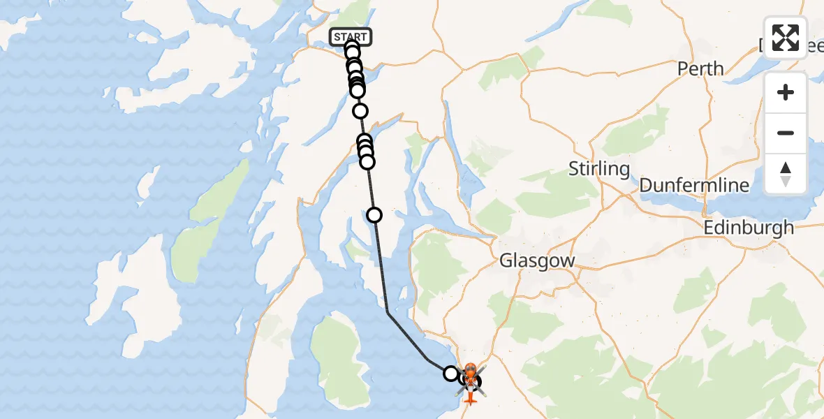 Flight path map showing Coastguard Helicopter route from Cadderlie to Glasgow Prestwick Airport