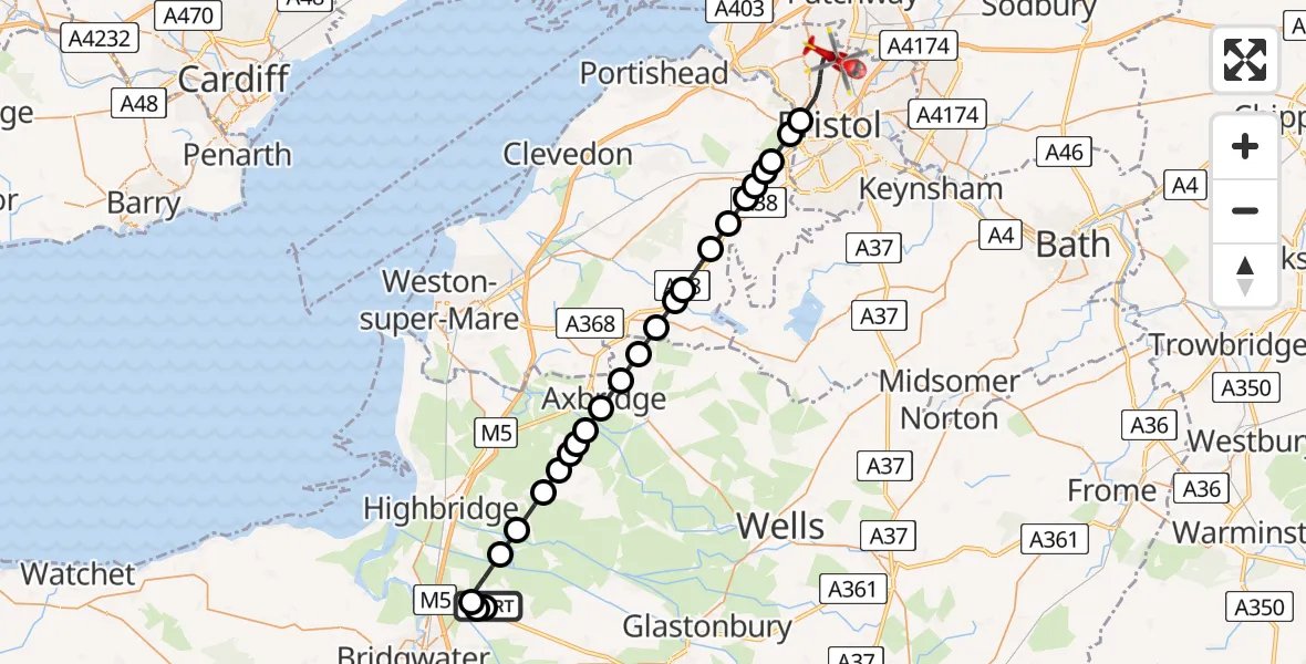 Flight path map showing Air Ambulance Helicopter route from Cossington to Bristol