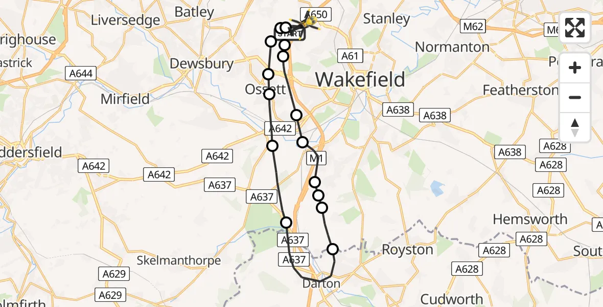 Flight path map showing Police Helicopter route from East Ardsley to Wrenthorpe