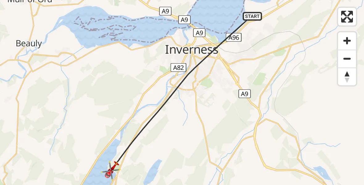 Flight path map showing Air Ambulance Helicopter route from Inverness to Inverness