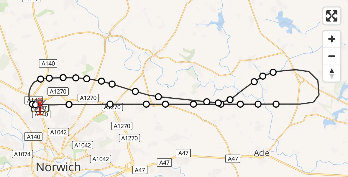 Flight path map showing Air Ambulance Helicopter route from Norwich Airport to Norwich Airport