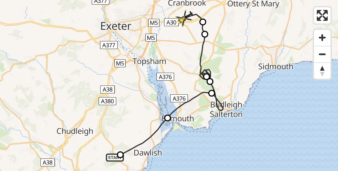 Flight path map showing Police Helicopter route from Haldon Aerodrome to Exeter International Airport