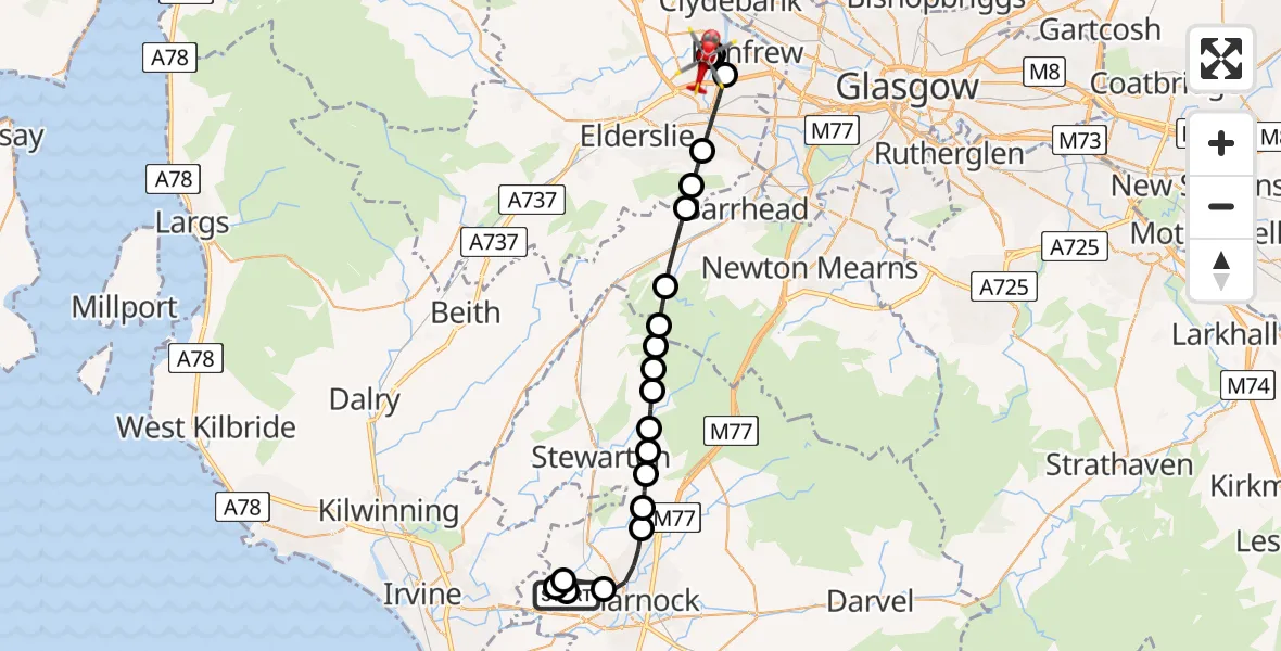 Flight path map showing Air Ambulance Helicopter route from Crosshouse University Hospital to Glasgow Airport