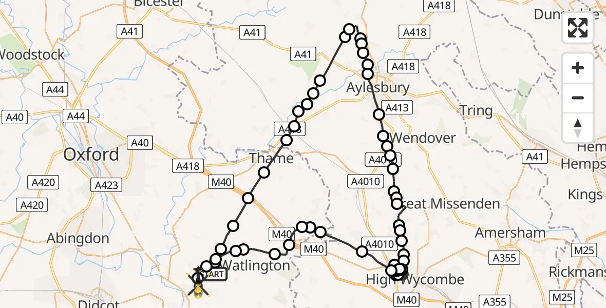 Flight path map showing Police Helicopter route from South Oxfordshire to Benson
