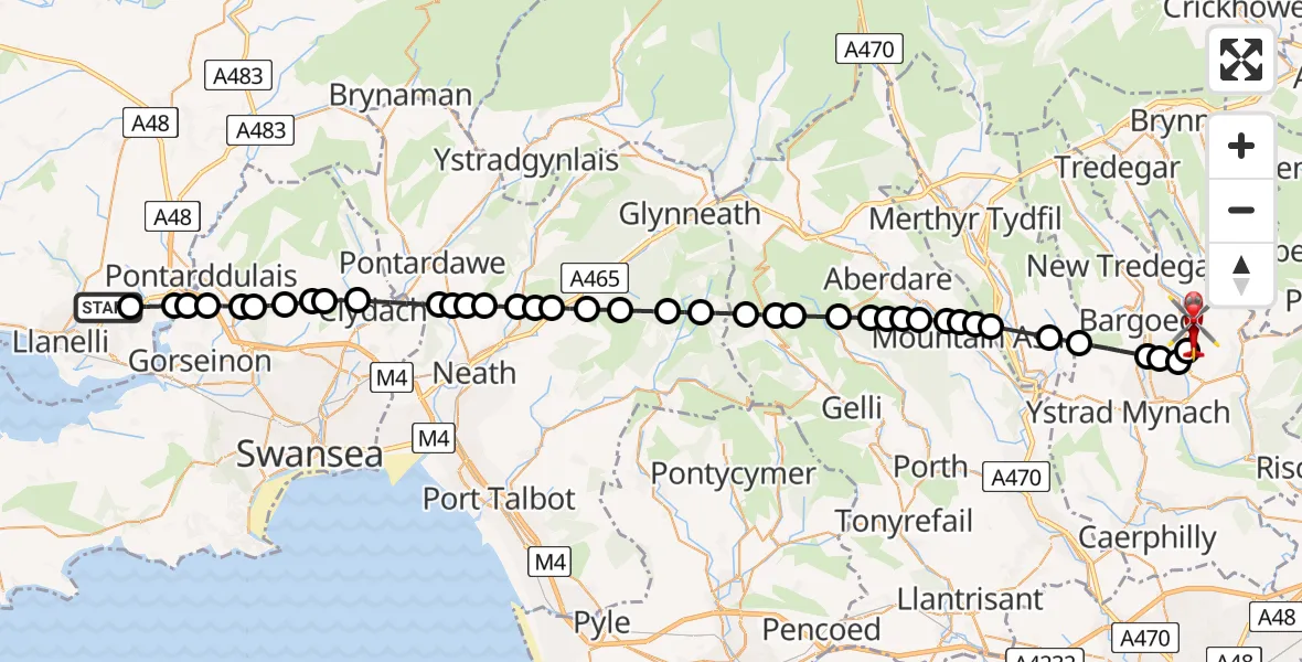 Flight path map showing Air Ambulance Helicopter route from Dafen to Croespen-maen