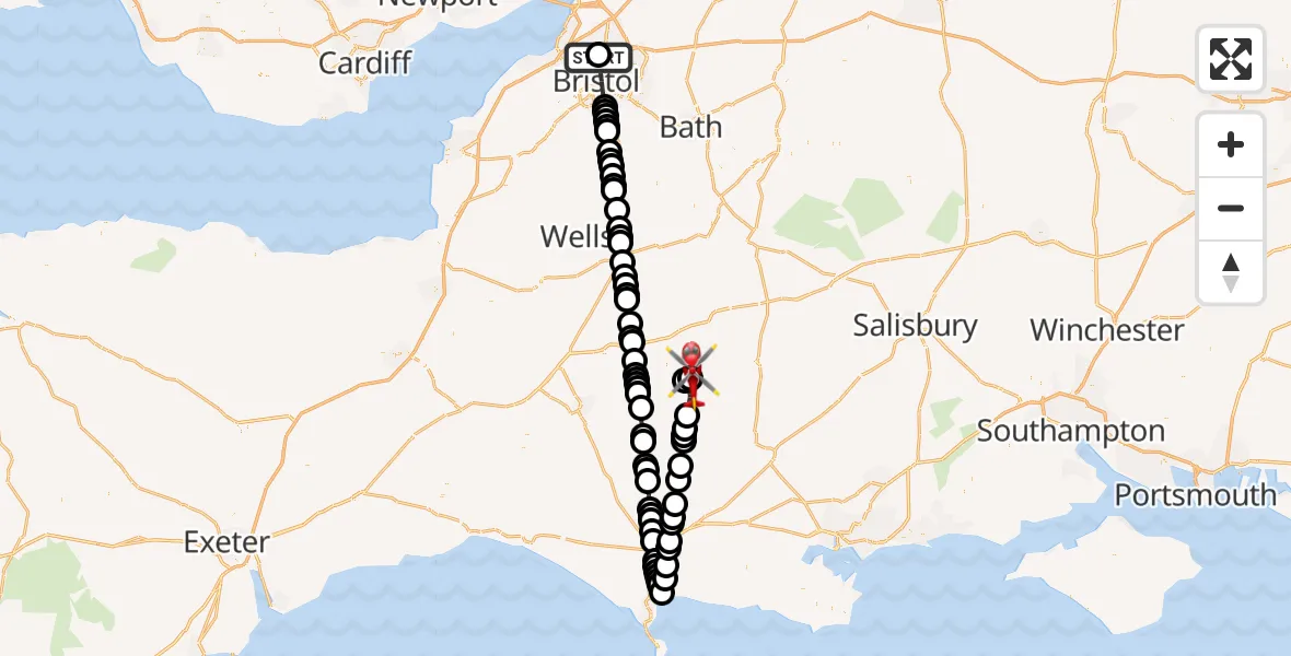 Flight path map showing Air Ambulance Helicopter route from Southmead Hospital to Henstridge Airfield