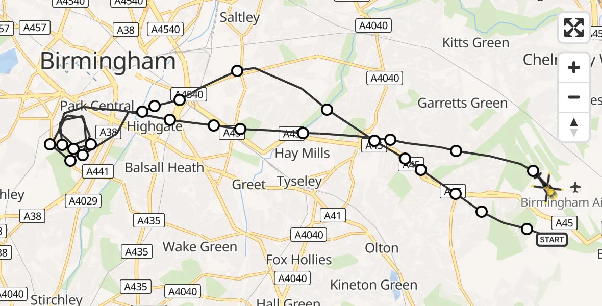 Flight path map showing Police Helicopter route from Birmingham Airport to Birmingham Airport