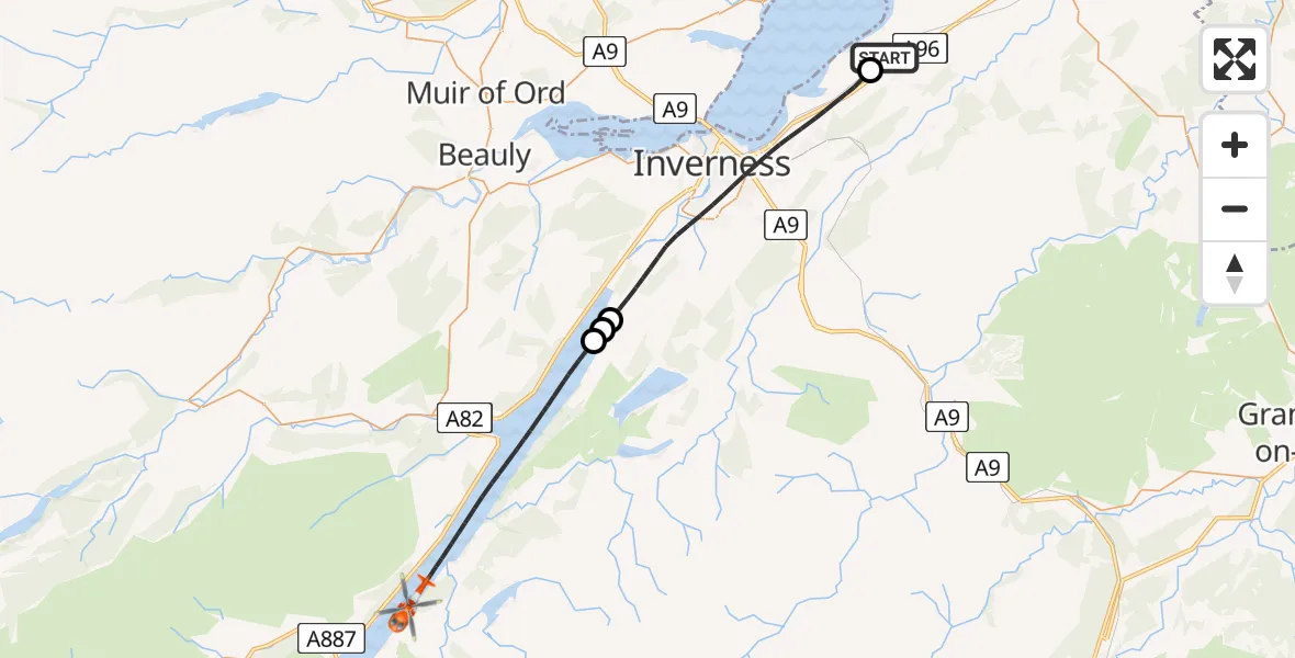 Flight path map showing Coastguard Helicopter route from Inverness Airport to Loch Ness