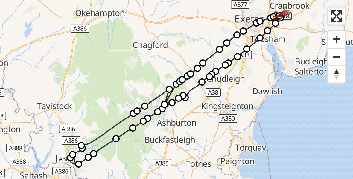 Flight path map showing Air Ambulance Helicopter route from Exeter International Airport to Exeter International Airport