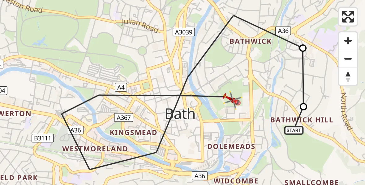 Flight path map showing Air Ambulance Helicopter route from Bath to Bath