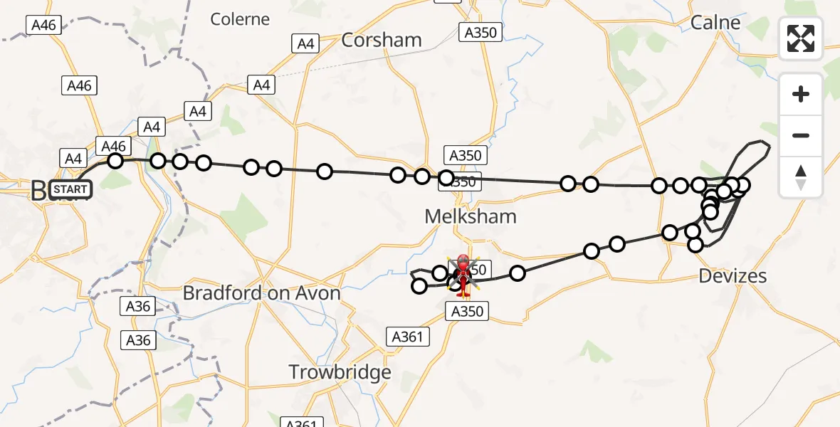 Flight path map showing Air Ambulance Helicopter route from Bath to Wiltshire Air Ambulance