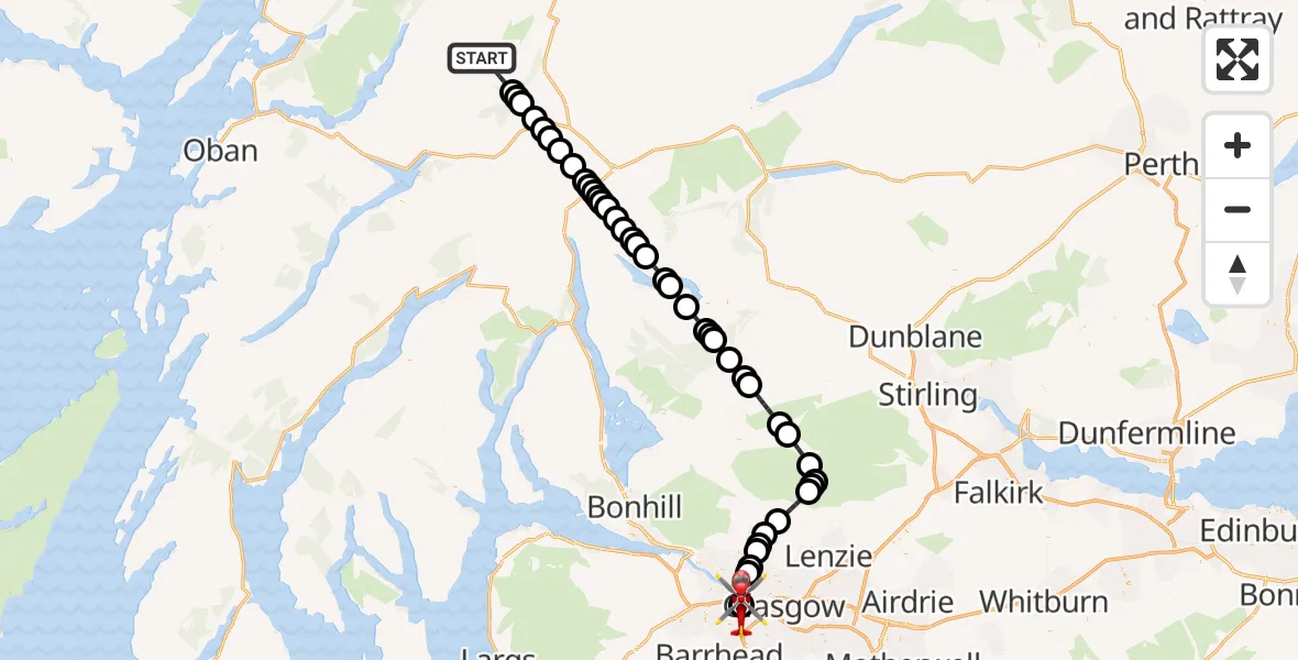 Flight path map showing Air Ambulance Helicopter route from Argyll and Bute to Queen Elizabeth Hospital