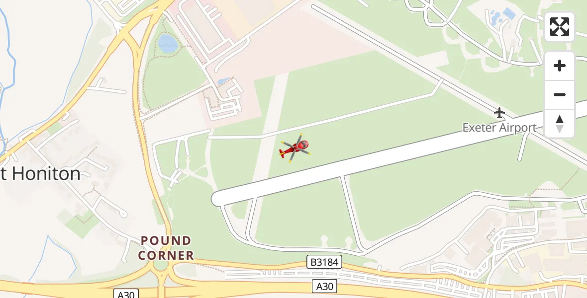 Flight path map showing Air Ambulance Helicopter route from Exeter International Airport to Exeter International Airport